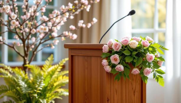 close up view of a podium styled for spring celebrations, adorned with cherry blossoms and soft ferns, basking in natural window light. photo
