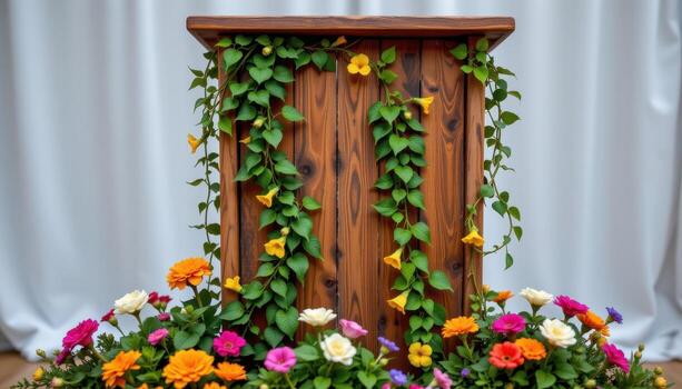 close up view of a podium crafted from reclaimed wood, wrapped with climbing jasmine vines and colorful potted blooms at its base. photo