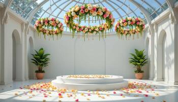 close up view of a podium placed under a domed glass ceiling, with floral garlands hanging like chandeliers and petals scattered in a symmetrical pattern below photo