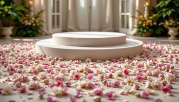 close up view of a podium covered with delicate blossoms and petals arranged in circular patterns across the floor, creating a meditative botanical scene. photo