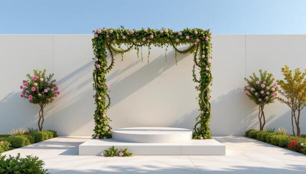 close up view of a podium enclosed within a minimal cube frame wrapped in winding floral vines, making the natural forms part of the structural design photo