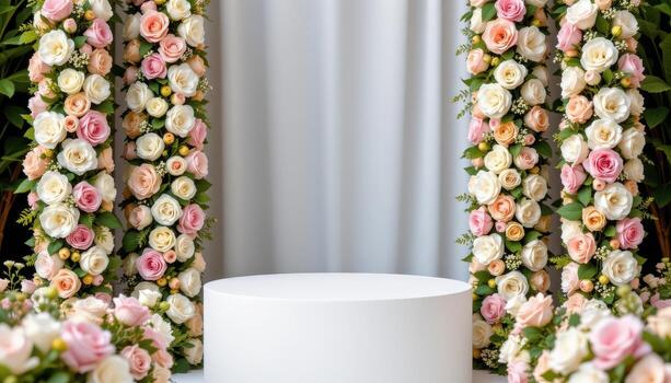close up view of a white podium surrounded by vertical floral pillars composed of hydrangeas and garden roses in complementary tones. photo