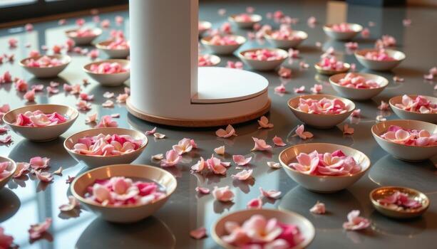 close up view of a podium standing on a reflective floor surrounded by bowls of floating blossoms, adding motion and texture to the quiet scene. photo