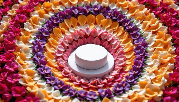 close up view of a podium centered within a floral spiral, where carefully arranged petals radiate outward in a symmetrical, natural gradient. photo