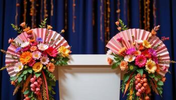 close up view of a podium flanked by floral fans created from folded petals and dried blooms, fanned outward like traditional fans but alive with color photo