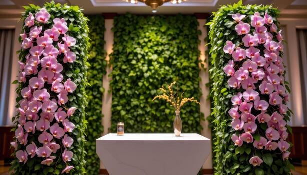 close up view of a podium flanked by floral pillars composed of cascading orchids and finely trimmed ivy, creating vertical floral movement. photo