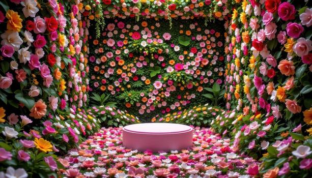 close up view of a podium placed within an enclosed space formed entirely of flowers, where the walls, ceiling, and floor are densely packed with living blooms photo