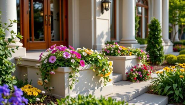 close up view of a podium with built in floral planters, allowing flowers to bloom directly from the structure itself. photo
