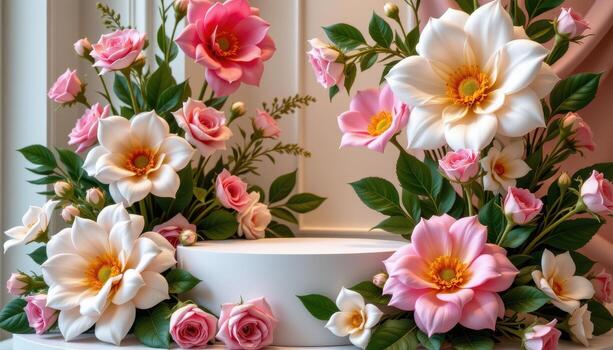 close up view of a podium partially encircled by oversized blooms sculpted from real petals and silk, blending realism and artistry. photo