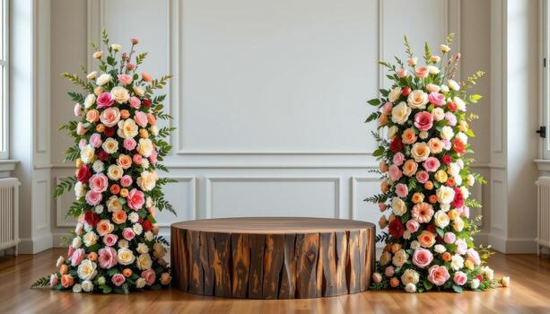 close up view of a rustic wooden podium flanked by twin floral pillars composed of vertically stacked blooms in complementary shades, standing alone in a softly lit room photo