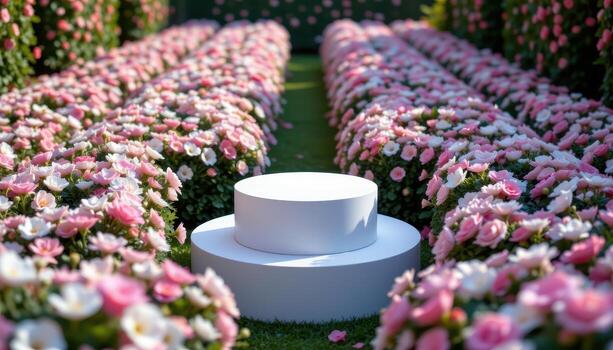 close up view of a podium standing amidst a floral maze, with tightly packed blooms forming intricate patterns that lead the eye toward the center. photo