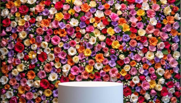 close up view of a podium backed by a tall flower wall composed of tightly packed blossoms arranged by texture, color, and form. photo