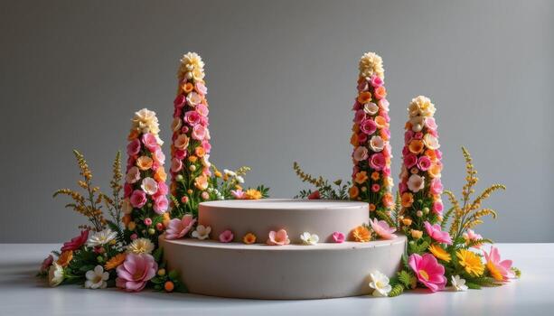 close up view of a podium with surrounding flower towers that rise and taper like natural spires, constructed from repeating floral patterns and subtle layering photo
