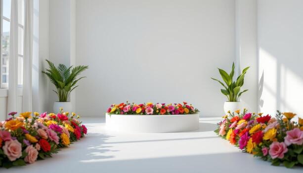 close up view of a podium within a minimal white space, with a single line of vivid flowers drawing the eye directly toward it. photo