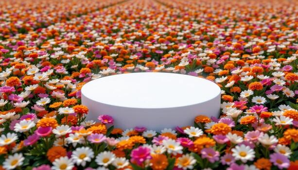 close up view of a podium surrounded by a lush field of daisies and marigolds, arranged with precision to emphasize harmony and organic design. photo