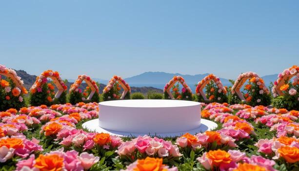 cerca arriba ver de un podio rodeado por geométrico flor formaciones formando hexagonal y triangular patrones. foto