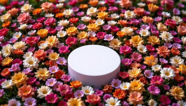 close up view of a podium in the center of a radial pattern formed from flowers organized by stem length and hue. photo