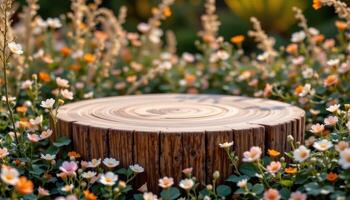 close up view of a wooden podium with a curved top, surrounded by flowing vines and delicate wildflowers in warm tones. photo