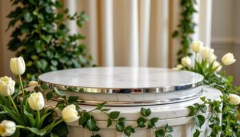 close up view of a podium with silver accents and a polished surface, surrounded by white tulips and trailing ivy. photo