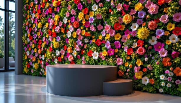 close up view of a podium integrated into a sculpted flower wall, with vibrant blooms emerging naturally from its surface. photo