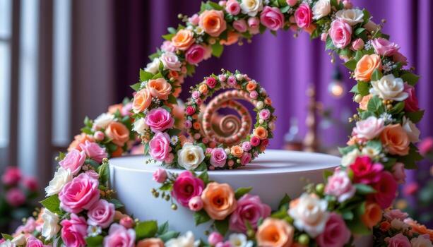 close up view of a podium wrapped in a spiraling floral helix. photo
