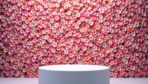 close up view of a podium backed by a mosaic of tightly grouped tiny blossoms, forming a gradient wall of soft hues. photo