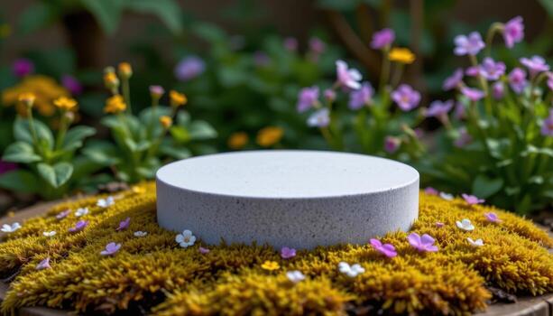 close up view of a podium situated on a soft carpet of moss with scattered wildflowers adding color and contrast around its base. photo