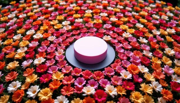 close up view of a podium placed at the center of a radial bloom display, where every flower points toward its base. photo