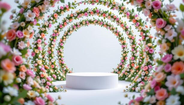 close up view of a podium nestled among circular floral frames that recede in size, forming a tunnel of perspective. photo