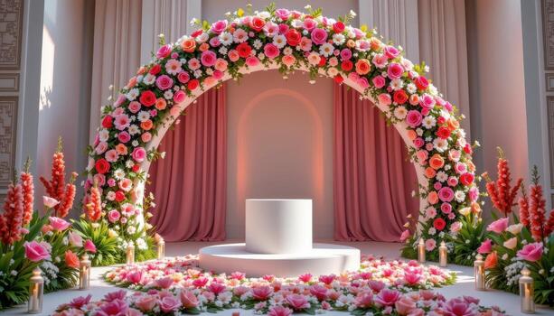 close up view of a podium beneath a flower filled arch that connects with similar floral patterns on the floor. photo