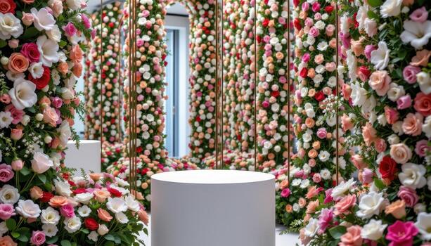 close up view of a podium placed beside mirrored floral panels, reflecting endless rows of flowers that enhance the feeling of space and serenity. photo