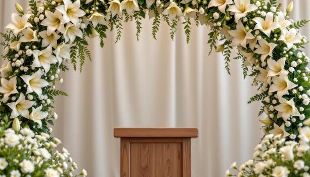 close up view of a podium placed beneath a floral arch composed of cascading lilies and delicate baby's breath, creating a peaceful and inviting space. photo