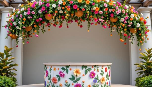 close up view of a podium adorned with floral mosaics and surrounded by hanging baskets of cascading blooms, forming a suspended garden above. photo