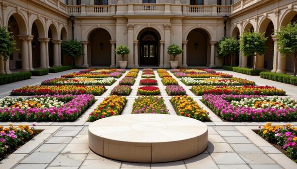 close up view of a podium in a square courtyard filled with rows of planted blooms forming checkerboard patterns. photo