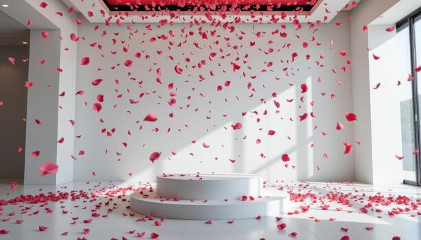 cerca arriba ver de un podio dentro un claro habitación con pétalos lloviendo despacio desde el techo en interminable bucle. foto