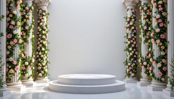 close up view of a podium framed by flower covered pillars inspired by classical columns. photo