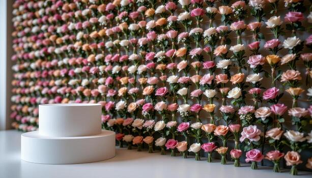 close up view of a podium beside an endless grid of tiny matching bouquets arranged by bloom size. photo