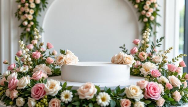 close up view of a podium adorned with neatly layered roses and peonies in shades of ivory and blush, standing at the center of a meticulously arranged floral ring. photo