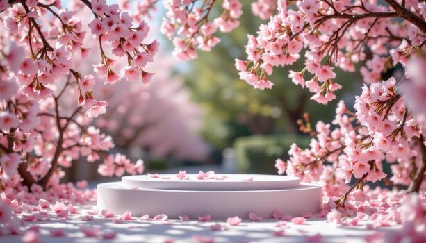 close up view of a podium surrounded by blooming cherry blossoms gently cascading down from overhead branches, creating a soft pink atmosphere with petals scattered along the floor. photo
