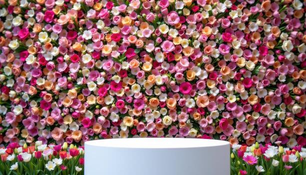 close up view of a podium set in front of a massive wall of flowers, where every inch is covered with tightly packed fresh blooms. photo