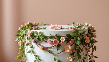 close up view of a podium wrapped in botanical ribbons made from leaves and small blossoms interwoven in delicate patterns. photo