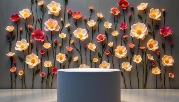close up view of a podium backed by a reflective wall featuring embedded pressed flowers that glow softly with internal lighting. photo
