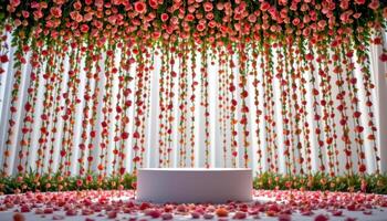 close up view of a podium placed under a floral rain installation, where petals fall slowly in an endless loop from the ceiling. photo
