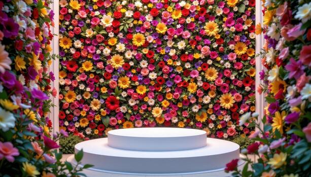 close up view of a podium surrounded by walls made entirely of densely packed seasonal flowers in curated color palettes. photo