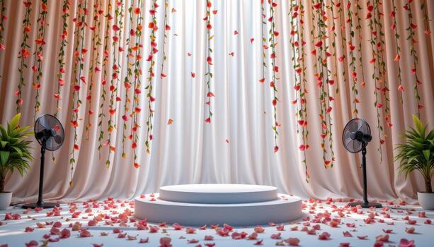 close up view of a podium enveloped in a curtain of petals gently swaying in a breeze created by invisible fans. photo