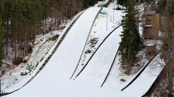 ein Ski springen im das Mitte von ein schneebedeckt Wald video