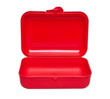 Red plastic box on a white photo