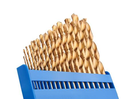 Drill bits of different sizes on a white photo