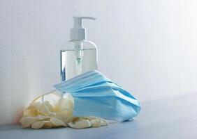 Coronavirus medical surgical mask, gloves and hand sanitizer gel photo