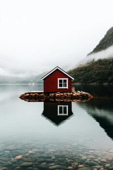 Red Cabin on Small Island Reflecting in Calm Water Surrounded by Misty Mountains photo